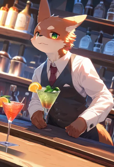 top quality, best quality, High-quality illustrations, masterpiece, super high resolution, detailed background, bartender, bar, cocktail, absurdres, perfect anatomy, expression, good lighting, cinematic shadow(kemono, furry anthro)dynamic angle,