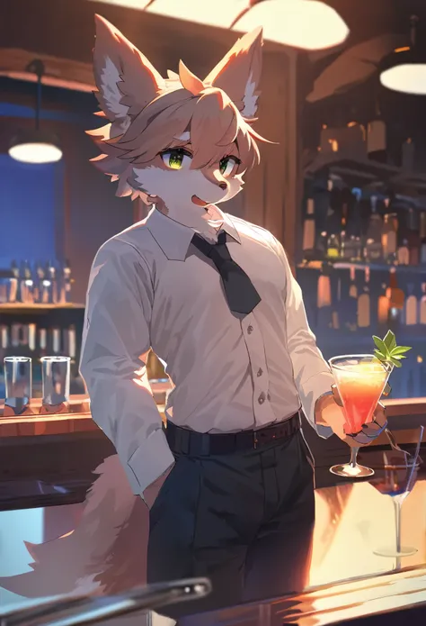 top quality, best quality, High-quality illustrations, masterpiece, super high resolution, detailed background, bartender, bar, cocktail, absurdres, perfect anatomy, expression, good lighting, cinematic shadow(kemono, furry anthro)dynamic angle,