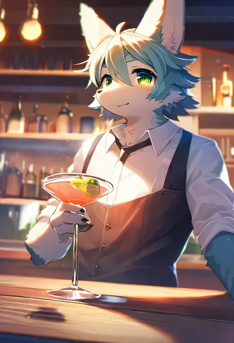 top quality, best quality, High-quality illustrations, masterpiece, super high resolution, detailed background, bartender, bar, cocktail, absurdres, perfect anatomy, expression, good lighting, cinematic shadow(kemono, furry anthro)dynamic angle,