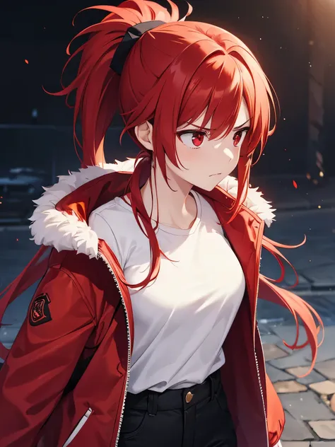 1 girl,Red hair,Facing left, looking away, angry expression,red eyes,Wearing a red fur jacket,ponytail,half body photo,white t-shirt, long black trousers