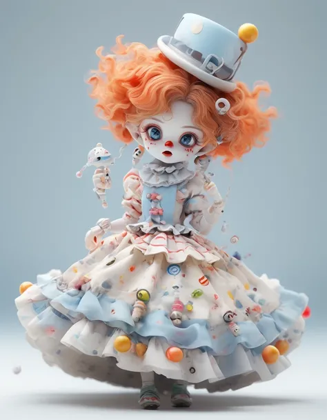 A anime figure,a very cute bjd girl,chibi,full body,dress in an April Fools Day,Clown image,white clean background,meticulous portraiture,cartoonish innocence,sculpted,exaggerated expression action,precision mech parts,long shot,epic light and shadow,clean...