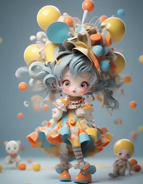 anime character, a very cute bjd girl, chibi, full body, dressed in an april fool's day outfit, clown image, blue clean backgrou...