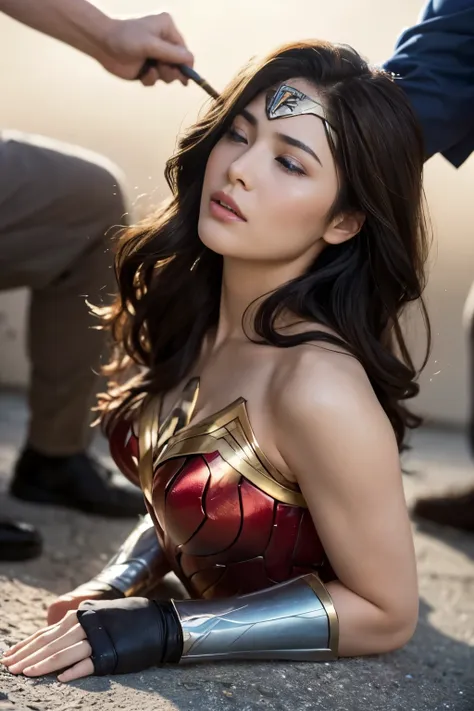 from the side,perfect wonder woman costume,crawl on all fours,sleeping face,close ~ eyes,open your mouth,tired face,face of suff...