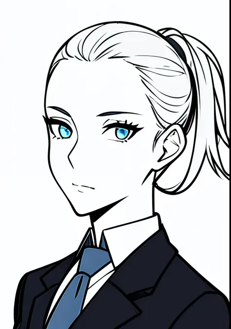 One Young Adult female, pale blonde slicked back into a short ponytail with a single bang on the left hand side, steel blue eyes, light and carefree expression, wearing black suit jacket and tie, portrait style, facing forwards