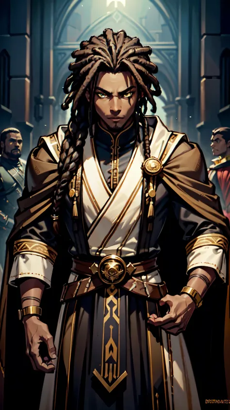 (Concept Art) of an (African-American) male, with dark black (dreadlocks), yellow eyes, dark (brown skin), (regal assassin), sith robes, demon prince, close-up shot, perfect composition, hyper-detailed, 8K, high quality, (perfect eyes), trending art, sharp...