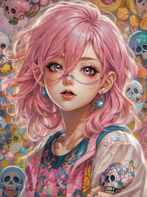 akira toriyama style、pink hair anime girl, skull fashion, anime style 4 k, Decora style illustration, anime art wallpaper 4k, anime art wallpaper 4k, anime wallpaper 4k, anime wallpaper 4k, anime style. 8K, anime atmosphere, anime art wallpaper 8k, anime s...