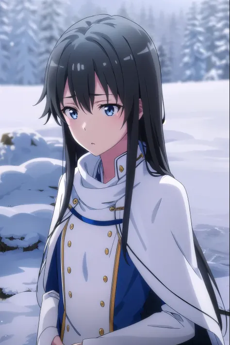 Snow under the snow, Yukinoshita Yukino, black hair, blue eyes, long hair, (small breasts:1.2),magician，
white clothing，Gorgeous clothing，magician长袍，棕色magician法杖，Surrounded by a lot of snowflakes，cold expression，A cold face
