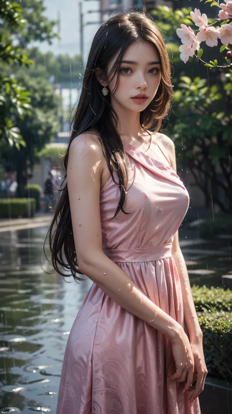 4k, ultra hd, masterpiece, 1 girl, serious face, detailed eyes, very long hair, (flare dress:1.5), pink flare dress, paisley print, (jwellery:1.5), in the garden, cherry blossom, (rain:1.5), (water:1.5), upper body,