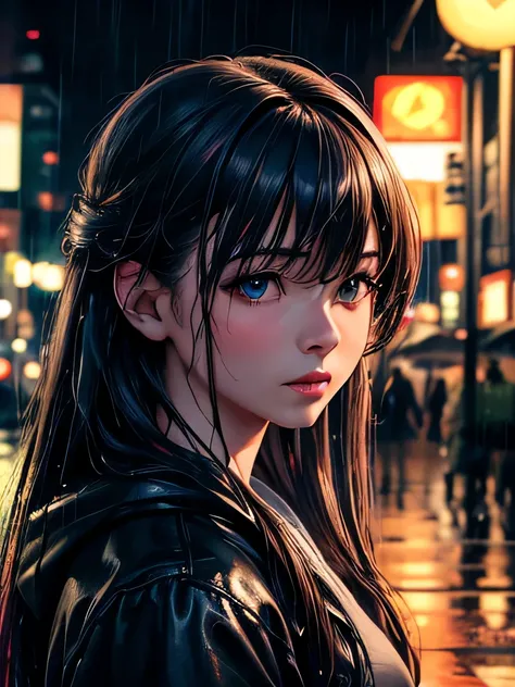 8k, RAW photo, best quality, masterpiece:1.2),(realistic, photo-realistic:1.37),Tokyo street,night, rain, wet,cityscape,night, cyberpunk city,soft light,1girl,, extremely beautiful face,bust,put down hands,Random hairstyle,Random hair color,Random expressi...