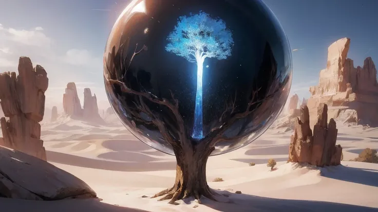 Arafad image of a tree inside a glass ball in desert landscape, tree of life inside the ball, Surrealist digital artwork, Surrealism 8k, hyperrealistic digital art, surreal art, Hyperrealistic 3D rendering, 3d rendering digital art, Mark Adams, Surreal con...