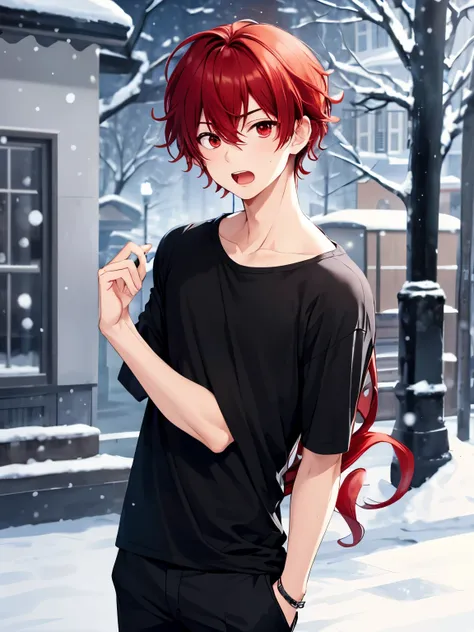 1boy, cool style,looking at viewer,Surprised expression,Shocked expression, thin mouth, thin lips,open mouth,Black t-shirt,standing,close up photo,snowing,handsome,Shoulder length hair,curly hair, red hair,black trousers, black shirt,red eyes, vampire