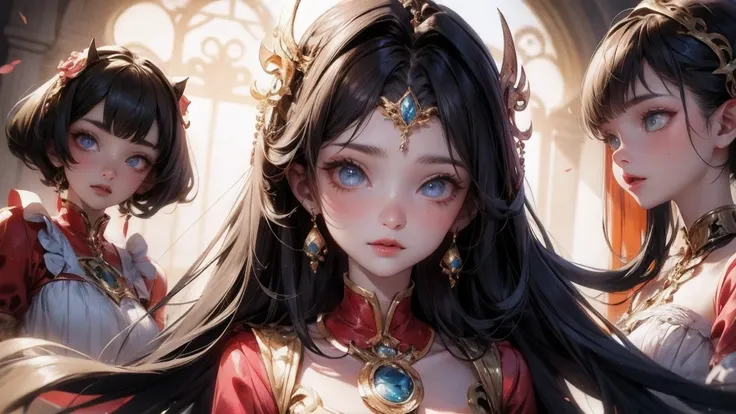 masterpiece, best quality, {best quality}, {{masterpiece}}, {high resolution}, focus, anime style, Cartoon close-up of a woman, girls design, portrait, gisha, anime image, long hair, black hair, Look straight into the eyes, hair covering ears, Polished and...