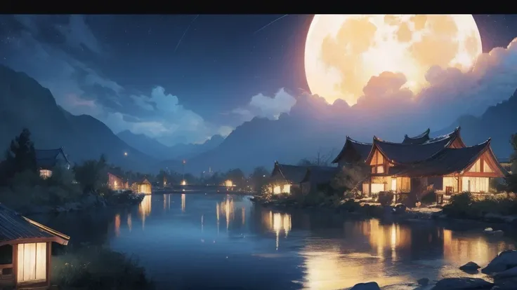 night view with some asian people&#39;s house, Vietnam, Vietnam, Ha Giang, moon, lake in foreground, calm night, green and blue, digital illustration, 4k highly detailed digital art, night view, Anime Art Wallpaper 4k, anime art wallpaper 4k, 4k detailed d...