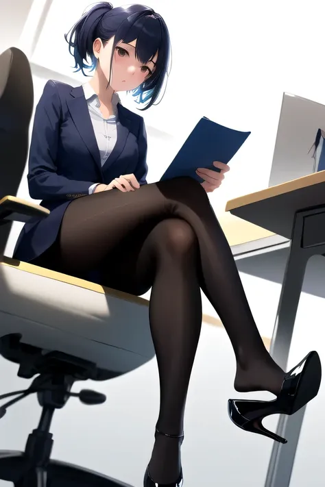 masterpiece, highest quality, high resolution, 1girl high heels hanging down, sitting cross-legged, office lady、hairstyle short ...