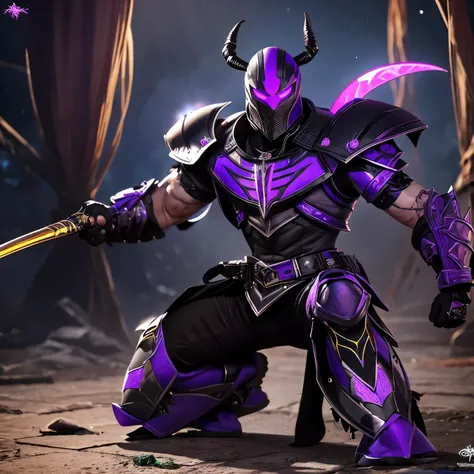 A male scorpion knight with black and purple markings