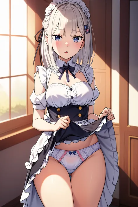 masterpice, detailed, absurdres, highres, apron, black ribbon, blue eyes, blush, bow, hair ornament, hair ribbon, maid, maids headdress, open mouth, pink bow, pov, ribbon, clothes trimmed with ribbon, ribbon trim, roswaal maids uniform mansion, short hair,...