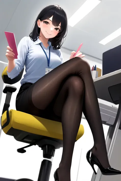 masterpiece, highest quality, High resolution, 1girl High heels hanging down, sitting cross-legged, office lady、smile、black tights
