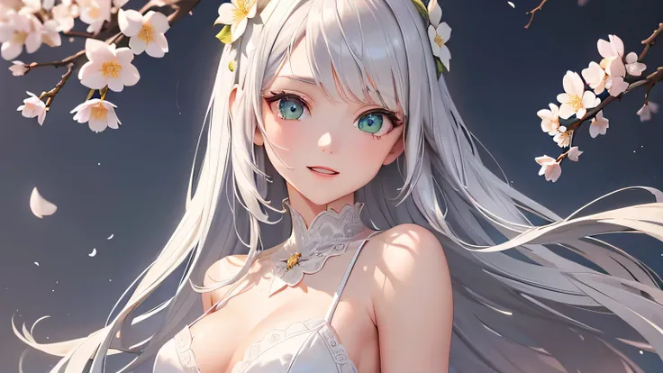 upper body, solo, 1girl, :D, medium breasts, silver hair, long bangs, green eyes, beautiful detailed face, ultra detailed eyes, white one-piece, night, cherry blossome (flower), floral background, windy