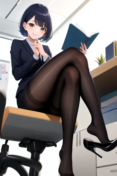 masterpiece, highest quality, High resolution, 1girl High heels hanging down, sitting cross-legged, office lady、hairstyle short cut、、smile、black tights
