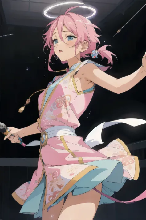 Anime girl with a halo hovering above her head, gleaming brightly, stands confidently in front of a karaoke machine. Mikisugi style, she dons an HD wallpaper-worthy outfit, her light pink dress adorned with intricate anime patterns. With a pink microphone ...