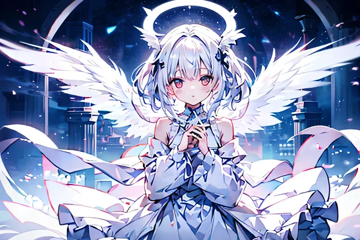 anime girl with white hair and angel wings in white clothes, digital art on pixiv, white-haired god, pale young ghost girl, zero...