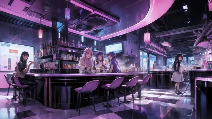 futuristic girl, dark skin, purple eyes, space, purple hair, blue hair, pink hair, long hair, dark skin, futuristic coffee shop