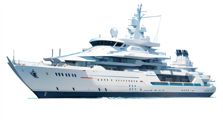 Close-up of a white boat on a white background, concept ship, shaped like a yacht, Iron Man Concept Yacht, side view, 3/4 side view, aerodynamic momentum, 2d side view, Concept Design, author：Richard Carlin, side view, side view, concept illustration, Conc...