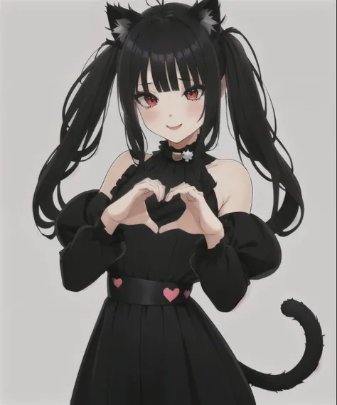 (manos del corazon, propias manos juntas:1), hembra madura,  blusa, sonrisa, feliz, Jeggings , heart hands, own hands together , ,((long hair slightly wavy slightly past the shoulders, black bangs, small black pigtails on the sides, cute cat ears, beautifu...