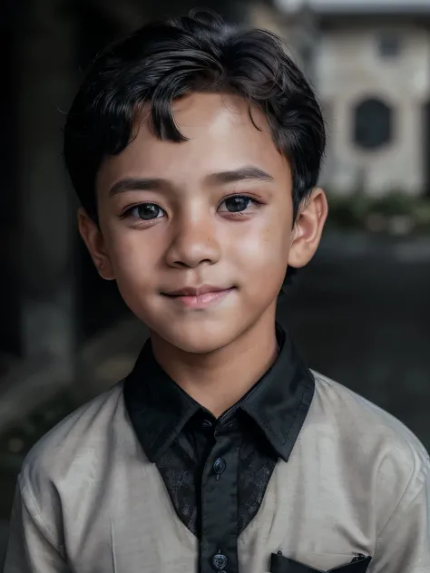 (REALISTIC) (little boy) (cute) (real face) ,10 years Old, Indonesian young boy, handsome, gorgeus eyes, soft smile, straight black hair, uniform shirt, elderly stranger in Outdoor place, awkward situation, many people at there, brown eyes, proper eye posi...