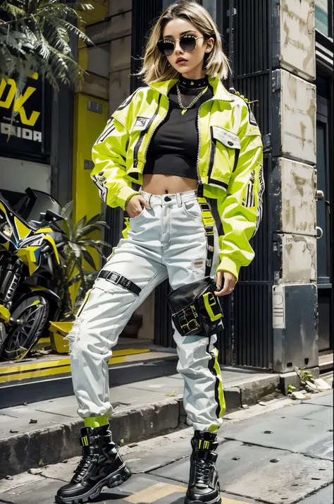 (ultra Detail, 8k, beautiful, best quality:1.2), Neon Yellow Streetwear with Harness Accents,
Craft a striking streetwear ensemble infused with neon yellow accents, juxtaposed against black and white tones,
Begin with a sleek black bodysuit featuring strat...