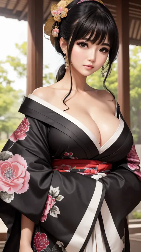 ((highest quality)), ((8k)), (detailed face), (highlight), female、Big breasts、bangs、black hair、Patterned kimono、