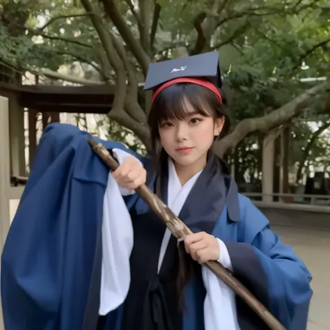 arafed woman in a blue robe holding a stick and a blue robe, wearing an academic gown, hanfu, magical school student uniform, inspired by Ma Yuanyu, magic uniform university, palace ， a girl in hanfu, magic , flowing hair and long robes, graduation photo, ...