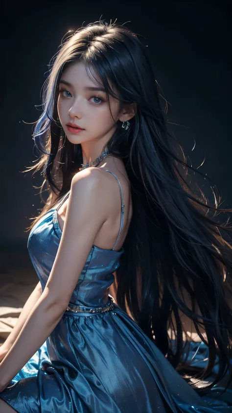 8k, ultra hd, masterpiece, 1 girl, detailed face, detailed eyes, very long hair, blue hair, shining dress, blue dress, strap dress, bare waist, (jwellery:1.5), high lighting, glowing skin, lighting on face, in the dengeon,