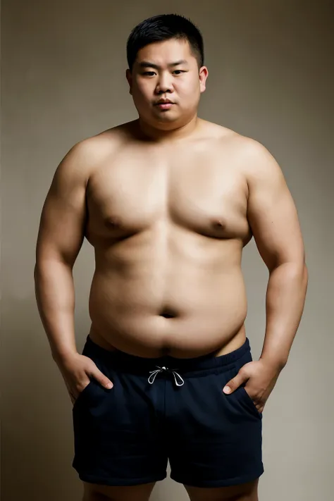 ((best quality)), ((masterpiece)), (detailed), topless asian guy whose hands are on his fat stomach, very angry face, medium shot, half body until shorts