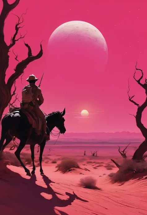 in the style of chesley bonestell，depicting an adventurer wandering an alien desert under the light of a giant pink moon，the scr...