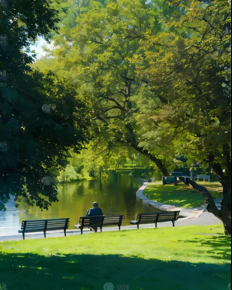 there is a man sitting on a bench by the water, in a park and next to a lake, sitting on a park bench, sunny day in a park, at the park on a beautiful day, parks and lakes, park on a bright sunny day, park landscape, in a city park, in a park, green spaces...