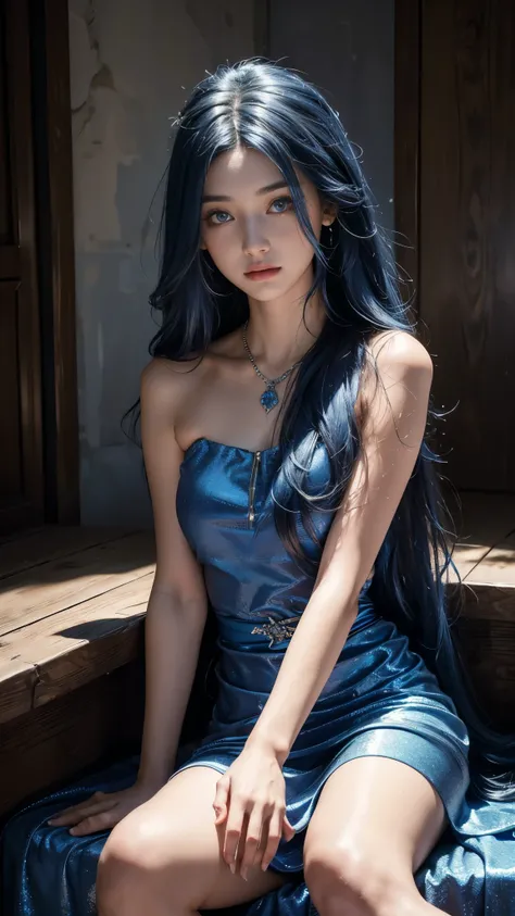 8k, ultra hd, masterpiece, 1 girl, detailed face, detailed eyes, very long hair, blue hair, shining dress, blue dress, strap dress, bare waist, (jwellery:1.5), high lighting, glowing skin, lighting on face, in the dengeon, sitting,