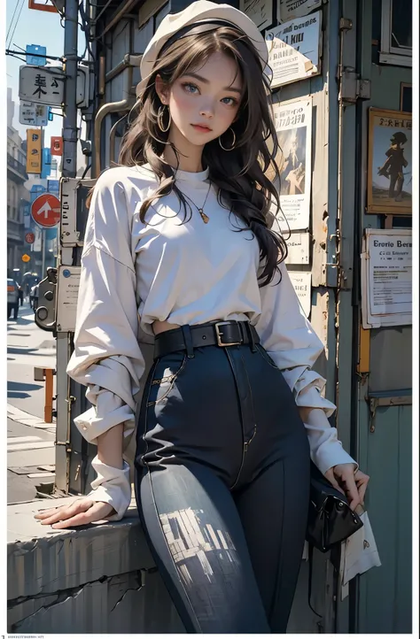 Photo of a beautiful woman standing on a street corner, Perfect model body shape, Stylish pants style, stylish belt, colorful purple shirt, Stylish hats, very stylish, with influence of Jeremy Mann, Jeremy Mann, style of Jeremy Mann, Jeremy Mann painting, ...