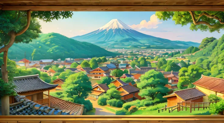 Japanese town Countryside Panoramic view Nostalgic Ghibli-like illustration