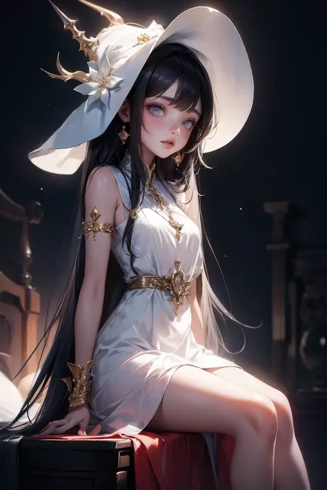 1 girl, adult, masterpiece, mistress, goddess,White witch hat,sitting