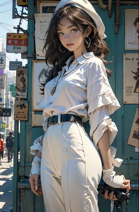 Photo of a beautiful woman standing on a street corner, Perfect model body shape, Stylish pants style, stylish belt, colorful purple shirt, Stylish hats, very stylish, with influence of Jeremy Mann, Jeremy Mann, style of Jeremy Mann, Jeremy Mann painting, ...