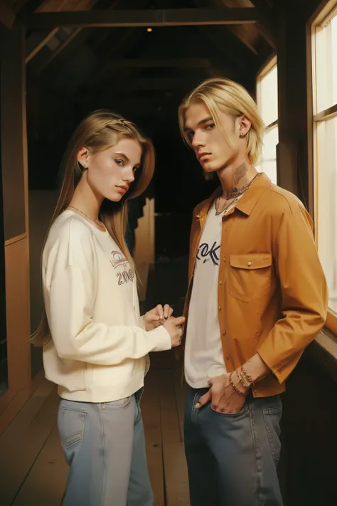 A young ((((20-year-old)) Lee Bodecker)), tall, lean, angular jawline, stricking features, charismatic, free-spirited. ((((hipster clothings from the 2000s)))), ((unkempt stylish blonde hairstyle of the 2000s))