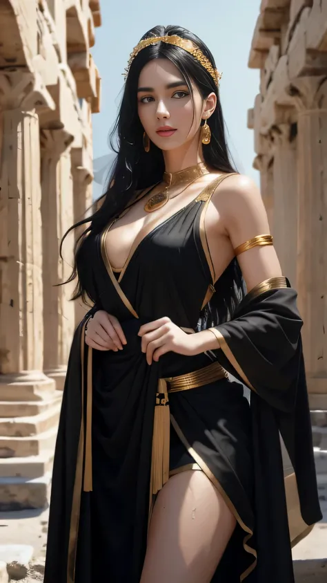 (A beautiful 25 years old female greek maiden), (long black hair), (pale skin), (detailed sweaty appearance), (serious face), (wearing pantone colored revealing greek maiden outfit with golden jeweleries), view from front, waist up shot, dynamic pose, ambi...