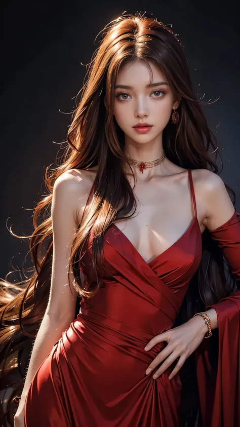 8k, ultra hd, masterpiece, 1 girl, detailed face, detailed eyes, very long hair, red hair, shining dress, red dress, strap dress, bare waist, (jwellery:1.5), high lighting, glowing skin, lighting on face, in the dengeon,