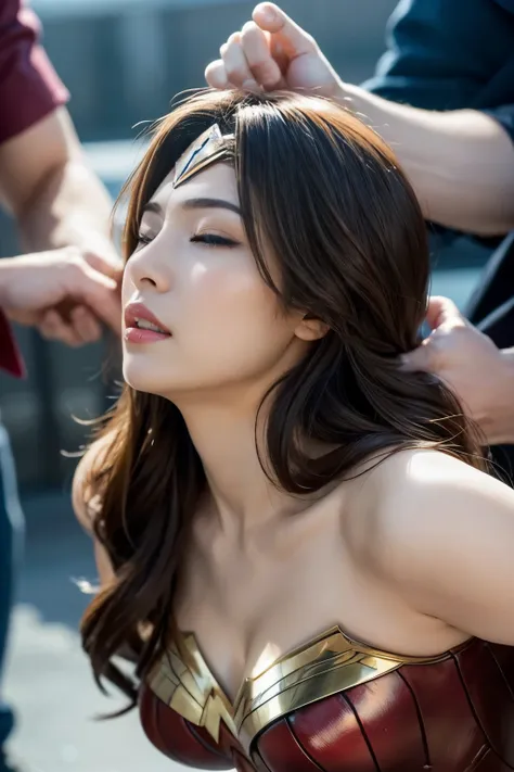 from the side,perfect wonder woman costume,crawl on all fours,sleeping face,close ~ eyes,open your mouth,tired face,face of suff...