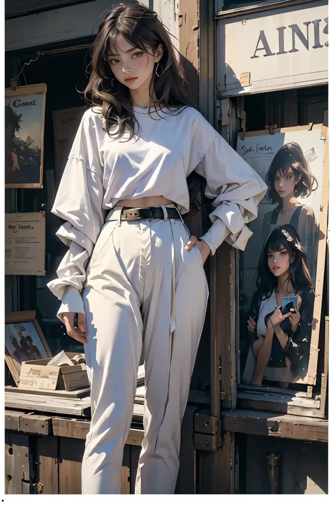 Photo of a beautiful Caucasian woman standing on a street corner, Perfect model body shape, Stylish pants style, stylish belt, colorful purple shirt, sunglasses, very stylish, with influence of Jeremy Mann, Jeremy Mann, style of Jeremy Mann, Jeremy Mann pa...