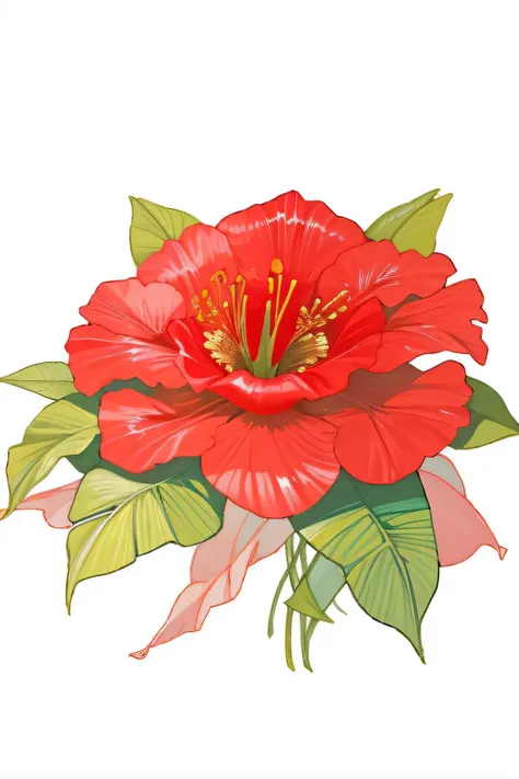 Drawing of a red flower and green leaves on a white background, Hibiscus, Hibiscus flowers, baroque Hibiscus queen, Draped with red Hibiscus flowers, Full color illustration, tropical flowers, botanical artwork, Ornately decorated, botanical art, by Kather...