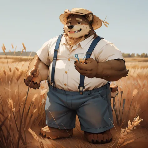 New Jersey 5 Hairy, Bear,full body portrait, exquisite, chubby,thick arms,plush fur,front,stand,straw hat,white shirt,Blue denim suspenders,wheat field,stand,sweating,Smile