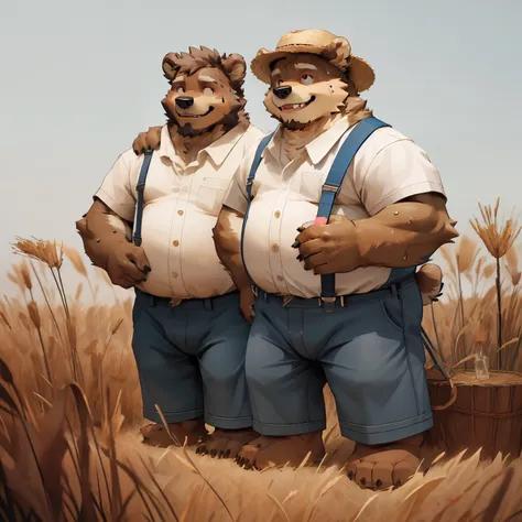 New Jersey 5 Hairy, Bear,full body portrait, male,exquisite, chubby,thick arms,plush fur,front,stand,straw hat,white shirt,Blue denim suspenders,wheat field,stand,sweating,Smile