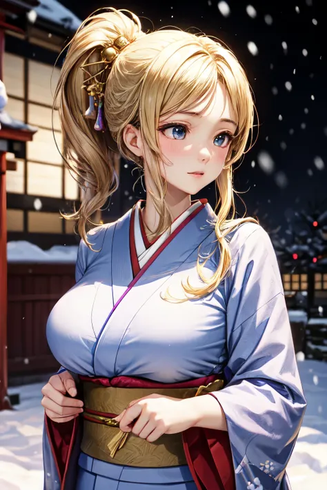 close-up of beautiful uzbekistan female, 36 inch breasts size, blond ponytail, wearing kimono, in the Japanese castle, snow falling, bokeh background, UHD